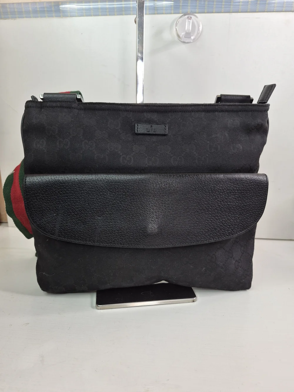 Gucci Black GG Canvas and Leather Messenger Bag